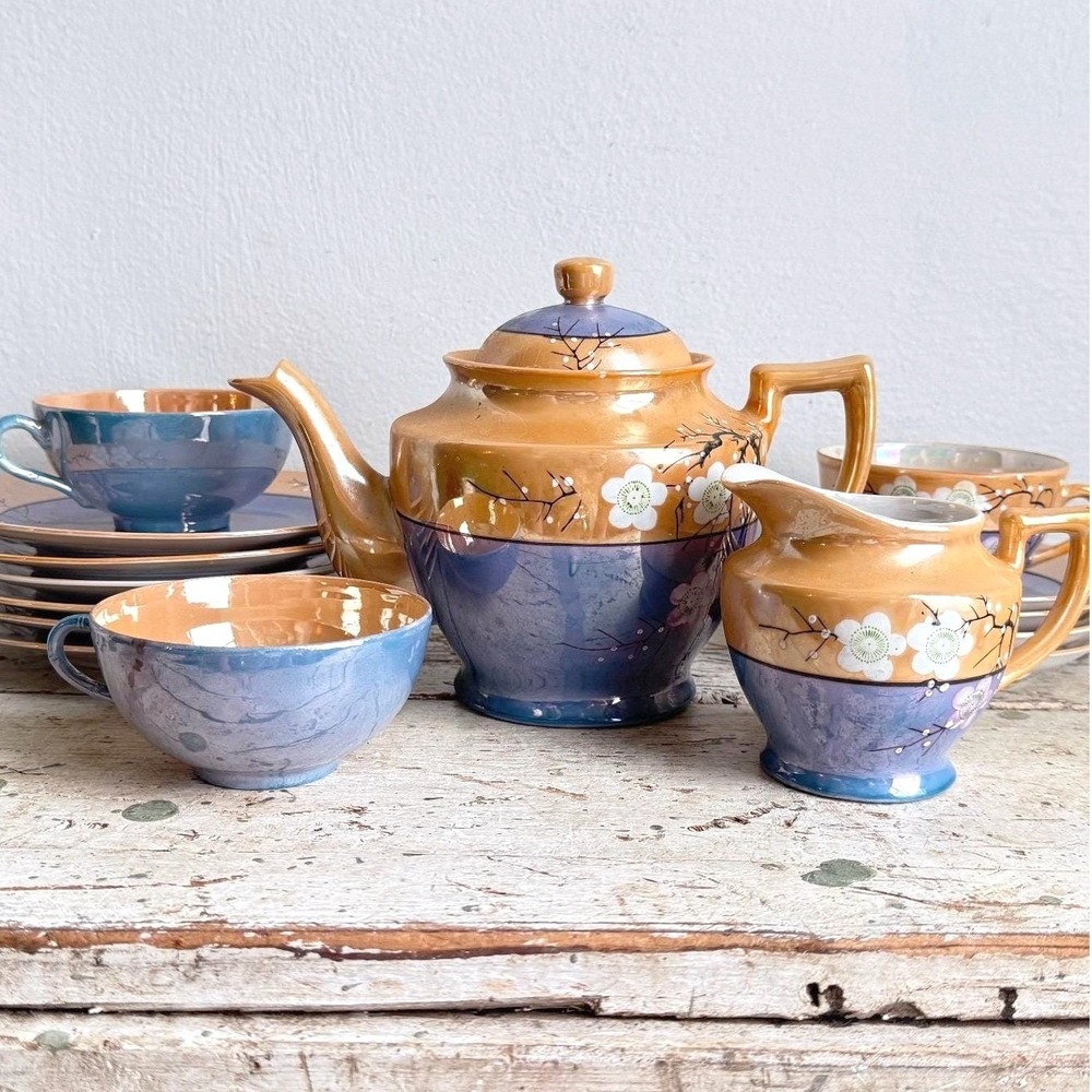 Vintage Japanese Lusterware Tea Set 15pc Blue Amber Cherry Blossom CSGC